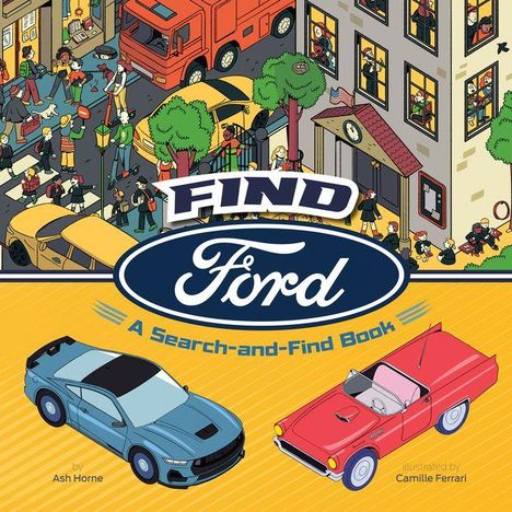 „FIND Ford“ steht zentral. Oben: Stadt-Szene, Personen, Bäume, Autos. Unten: Zwei bunte Autos.