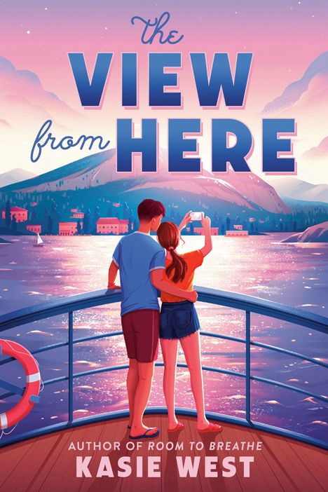 "The View from Here" in großen Buchstaben. Zwei Menschen umarmen sich auf einem Schiffsdeck und betrachten die Landschaft.