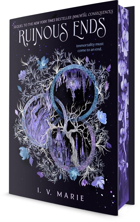 "Ruinous Ends. Immortality must come to an end." Illustration: Mystische Pflanzen und Gebäude in lila und blau.