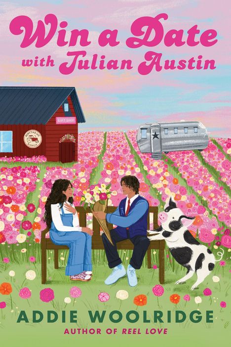 "Win a Date with Julian Austin". Bunte Blumenfelder, ein Paar auf einer Bank, Geschenk, Hund, Scheune, Anhänger.