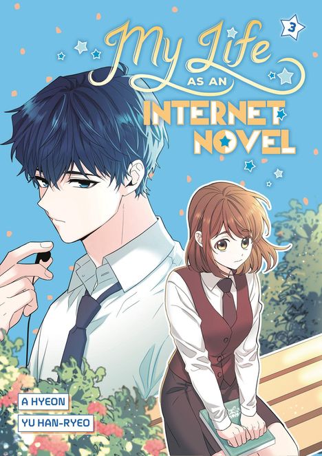 "My Life as an Internet Novel 3" in verspielter Schrift. Illustration mit einem nachdenklichen Jungen und einem Mädchen auf einer Bank.