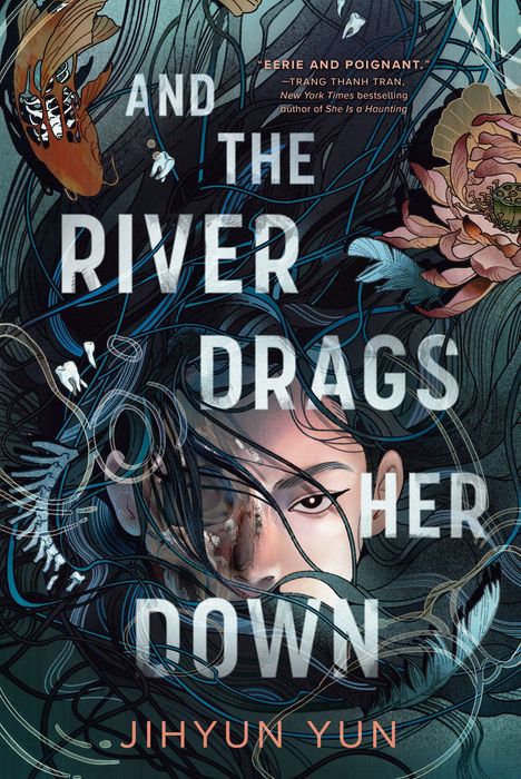 "And the River Drags Her Down" von Jihyun Yun, zeigt ein Gesicht halb verdeckt von dunklen Haaren, umgeben von Blumen.