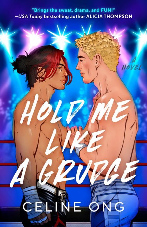 Zwei Boxer im Ring stehen sich gegenüber, blicken sich intensiv an, vor buntem, leuchtendem Hintergrund.