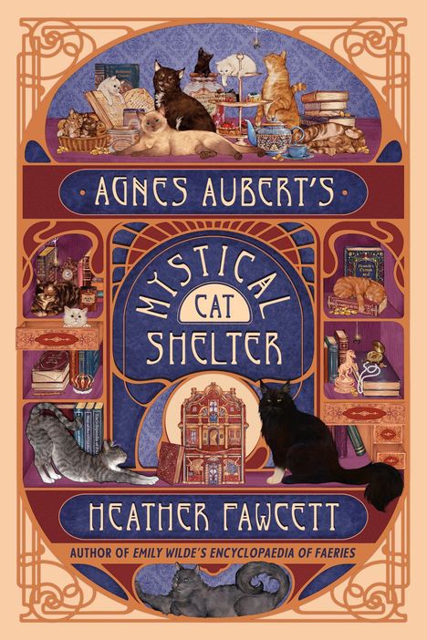 "Agnes Aubert's Mystical Cat Shelter" sowie "Heather Fawcett". Illustration mit vielen Katzen und Büchern in dekorativer Umgebung.