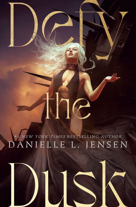 "Defy the Dusk" und "DANIELLE L. JENSEN". Eine Frau mit weißem Haar in einem eleganten Kleid, dynamische Pose.