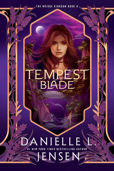 Text: "The Tempest Blade", "The Bridge Kingdom Book 6", "Danielle L. Jensen". Illustration: Frau vor lila Mond, umrahmt von floralen Mustern.