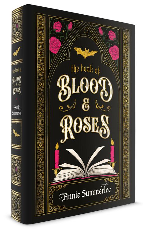 Ein Buchcover mit dem Titel "The Book of Blood & Roses" von Annie Summerlee. Verziert mit Rosen, Kerzen und Fledermausmotiv.