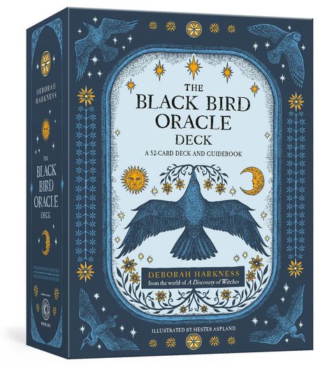 "The Black Bird Oracle Deck" Text, deck von Deborah Harkness, Illustration eines fliegenden Vogels mit Sternen und Monden.