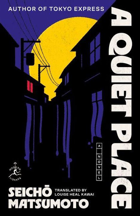 Große Schrift: "A QUIET PLACE". Illustration: Silhouetten von Häusern vor gelbem Vollmond und lilafarbenem Himmel.