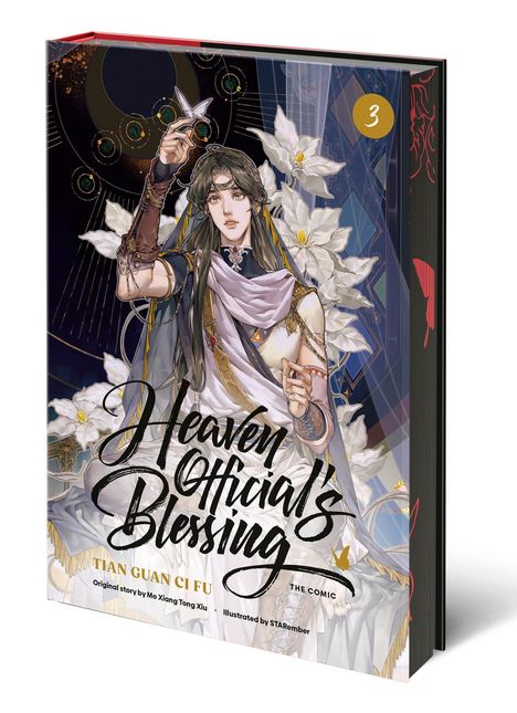 "Heaven Official's Blessing", Band drei, zeigt einen elegant gekleideten Charakter mit Blumen und einem Schmetterling.