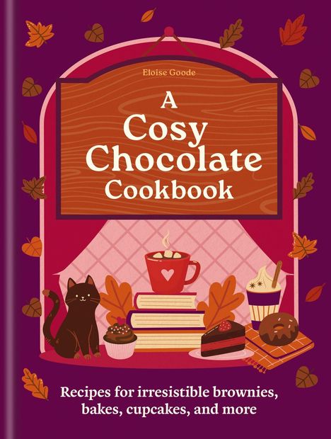 Titel: "A Cosy Chocolate Cookbook". Untertitel: "Recipes for irresistible brownies, bakes, cupcakes, and more". Illustration zeigt eine Tasse Kakao, Bücher, Katze und Gebäck auf lila Hintergrund.
