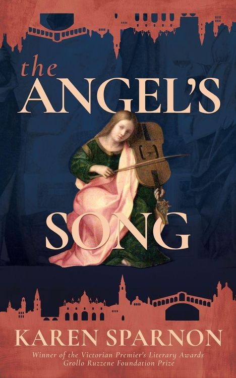"The Angel's Song" oben, "Karen Sparnon" unten. Mittig eine gemalte Frau mit Cello, Silhouette einer Stadt als Hintergrund.
