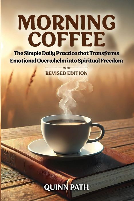 „MORNING COFFEE: The Simple Daily Practice...“ Eine Tasse Kaffee auf einem Buch, im Hintergrund Sonnenaufgang.