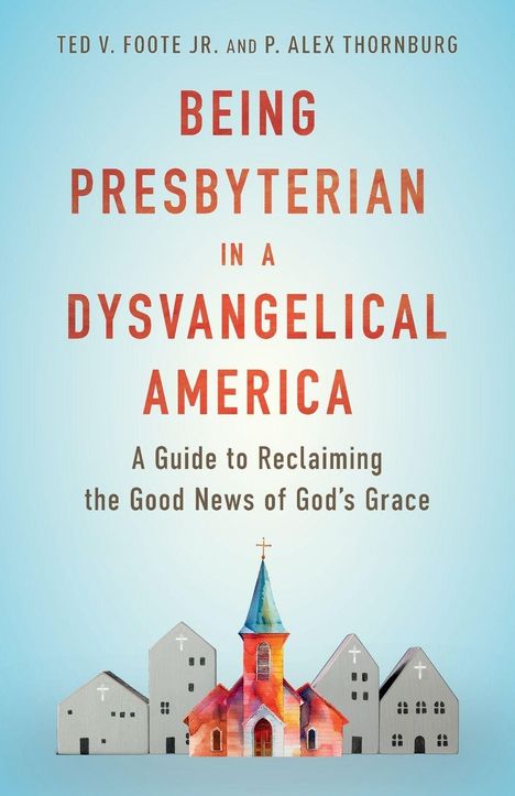 "Being Presbyterian in a Dysvangelical America" steht oben. Unten sind stilisierte, bunte Kirchen und Gebäude.