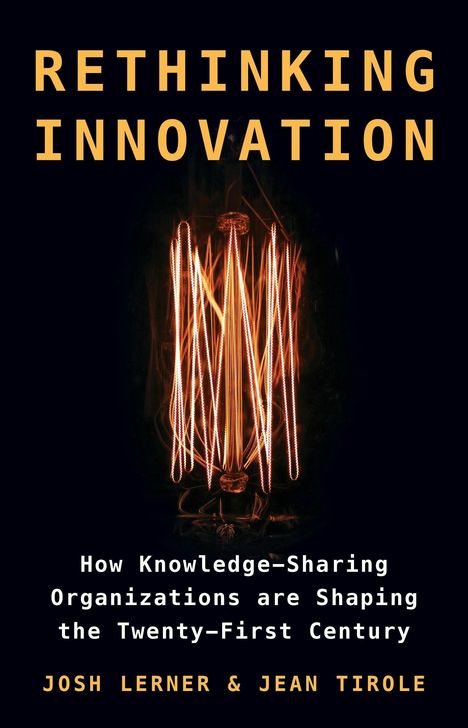 Text: "Rethinking Innovation. How Knowledge-Sharing Organizations are Shaping the Twenty-First Century. Josh Lerner & Jean Tirole." Heller Glühfaden auf dunklem Hintergrund.
