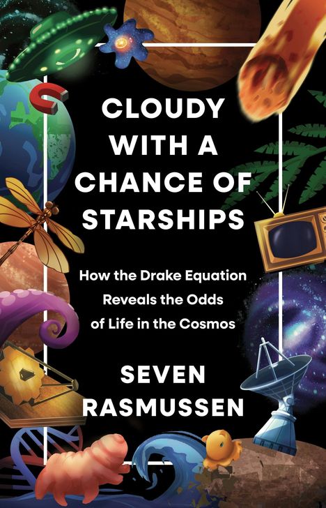 „Cloudy With a Chance of Starships“, darüber bunte Illustrationen von UFO, Planeten, Teleskop und Tieren.