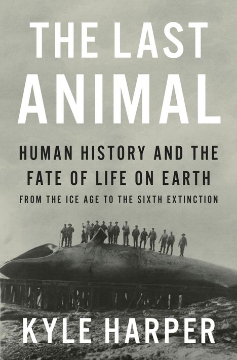 "The Last Animal", darunter "Human History and the Fate of Life on Earth". Schwarz-weiß Foto: Menschen stehen auf einem Wal.