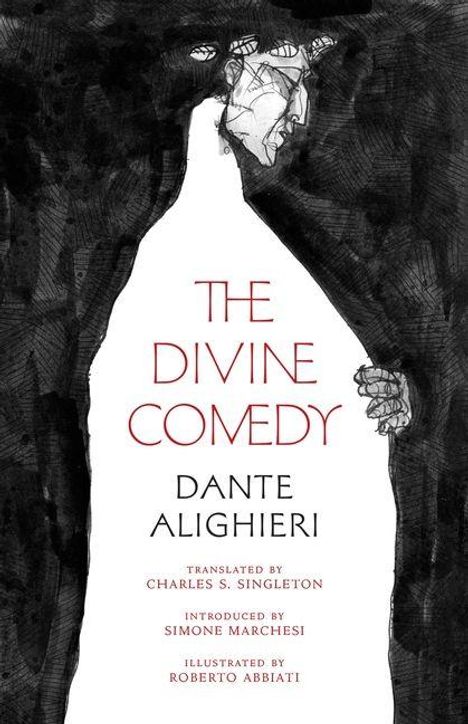 Text: „THE DIVINE COMEDY, DANTE ALIGHIERI“. Illustration: Mensch mit kantigem Gesicht, hält Mantel in schattierter Umgebung.