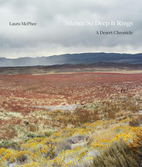 Texte: "Laura McPhee", "Silence So Deep It Rings", "A Desert Chronicle". Weite Landschaft mit Bergen, bewölkter Himmel.