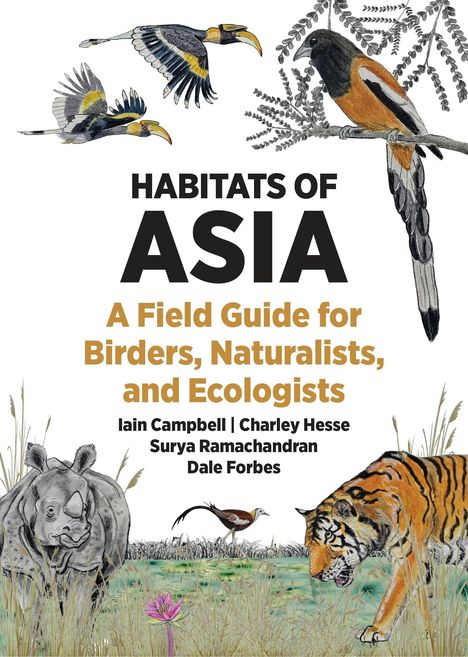 „HABITATS OF ASIA“ steht groß oben. Darunter verschiedene Tiere in einer natürlichen Umgebung, wie Vögel, ein Nashorn und ein Tiger.