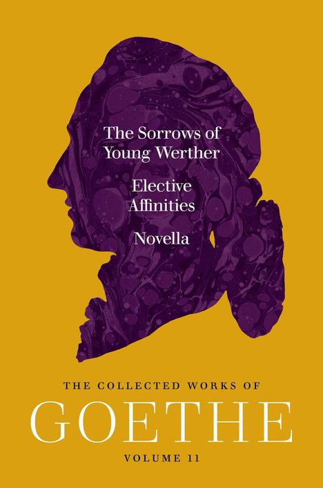 "The Sorrows of Young Werther, Elective Affinities, Novella. Silhouette auf gelbem Hintergrund, GOETHE in Weiß."