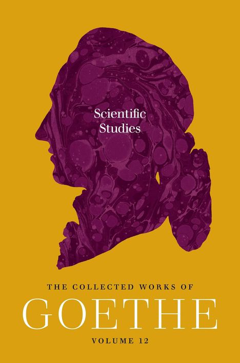 „Scientific Studies“, „The Collected Works of Goethe, Volume 12“. Silhouette in violettem Marmormuster auf gelbem Hintergrund.