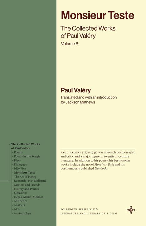 Titel: "Monsieur Teste: The Collected Works of Paul Valéry, Volume 6". Links Inhaltsverzeichnis. Rechte Hälfte: Autoreninfo.