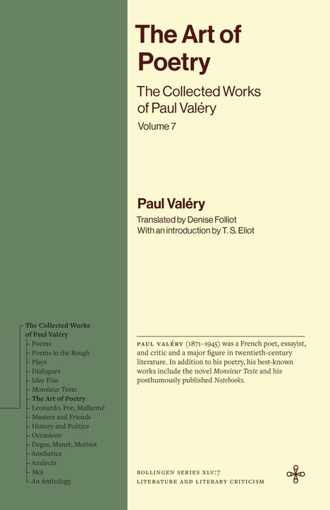 „The Art of Poetry“, „The Collected Works of Paul Valéry“, „Volume 7“. Links eine Liste von Werken. Rechts Text über Valéry.