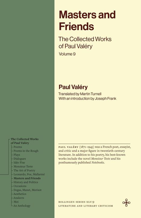 "Masters and Friends: The Collected Works of Paul Valéry, Volume 9. Paul Valéry. Translated by Martin Turnell.” Text in zwei Spalten.