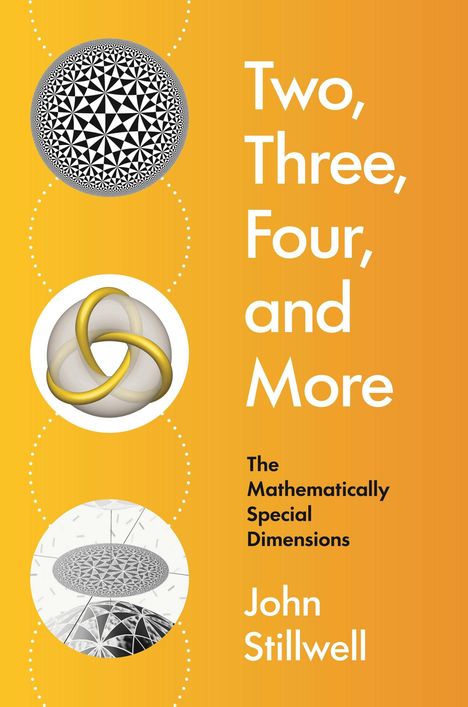 Text: "Two, Three, Four, and More; The Mathematically Special Dimensions; John Stillwell." Illustration mit geometrischen Formen.