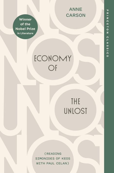 "Economy of the Unlost" von Anne Carson; stilisiertes Cover mit wiederholten Buchstaben, Grüntöne.