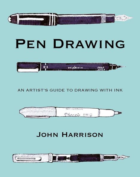 "Pen Drawing" und "John Harrison" zentral auf hellblauem Hintergrund. Gezeichnete Stifte horizontal ausgerichtet.