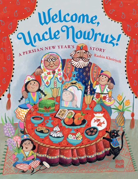 „Welcome, Uncle Nowruz!“ Eine Familie sitzt um einen reich gedeckten Tisch mit traditionellen persischen Neujahrssymbolen.