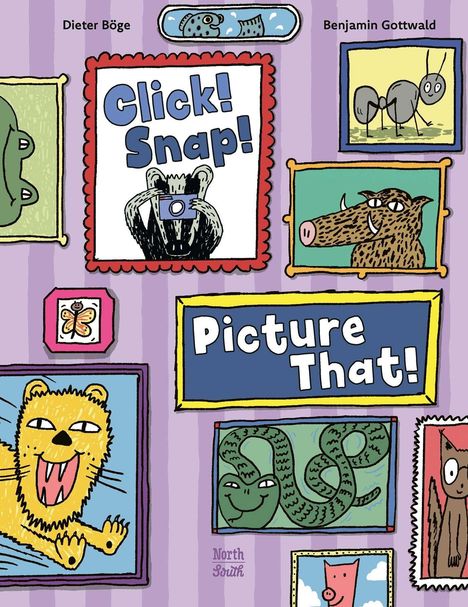 Texte: Click! Snap! Picture That! Illustrationen von Tieren in Bilderrahmen auf lila gestreiftem Hintergrund.