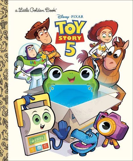 "Disney Pixar Toy Story 5." Illustration mit bekannten Figuren, die um einen Frosch-Charakter versammelt sind.