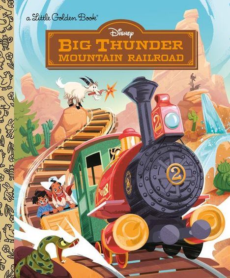 Text: Big Thunder Mountain Railroad. Illustration einer Lokomotive auf einer Bergstrecke mit Fahrgästen, Ziegenbock und Schlange.