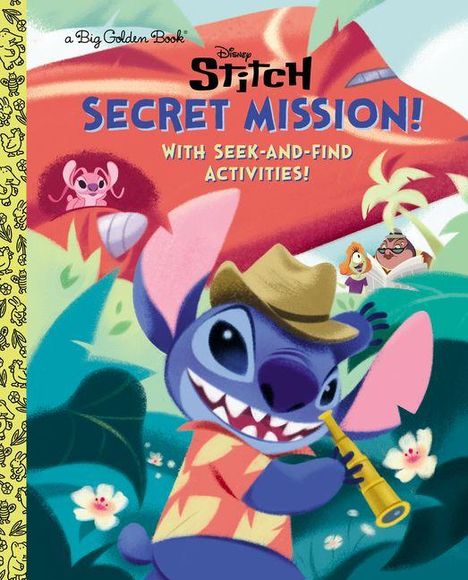 "Stitch Secret Mission! With Seek-and-Find Activities!" zeigt eine Illustration von Stitch in tropischer Umgebung mit Hut und Flöte.