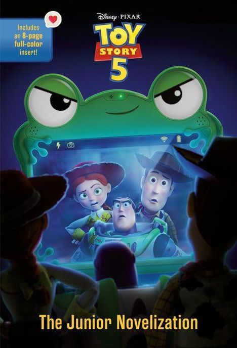 Text: "Includes an 8-page full-color insert", "Toy Story 5", "The Junior Novelization". Illustration von Spielzeugen in einem Tablet.