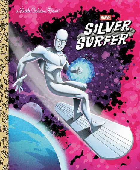 "Marvel Silver Surfer." Illustrative Darstellung des Silver Surfers im Weltall, auf einem Surfbrett mit einem leuchtenden Ball.