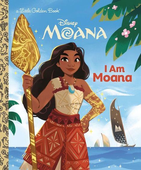 „Disney Moana: I Am Moana“. Illustration von einem Mädchen mit langem Haar und Speer am Strand mit Segelbooten im Hintergrund.