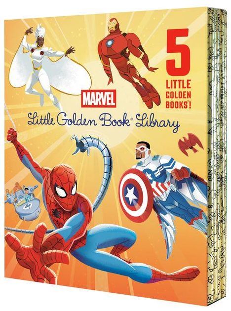"5 Little Golden Books! Marvel Little Golden Book Library." Illustration von Superhelden in dynamischen Posen.