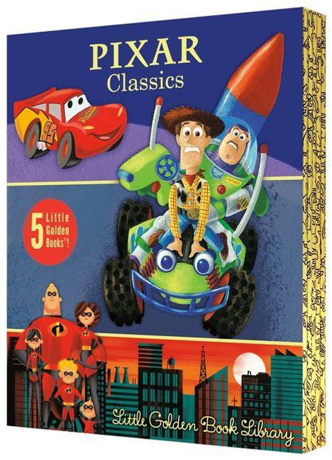 Oben steht "PIXAR Classics". Darunter sind Figuren aus Pixar-Filmen und "5 Little Golden Books™!" auf rotem Kreis.
