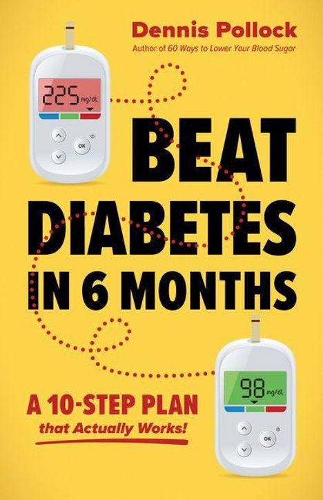 „BEAT DIABETES IN 6 MONTHS.“ Zwei Blutzuckermessgeräte, eines mit 225 mg/dL, das andere mit 98 mg/dL.