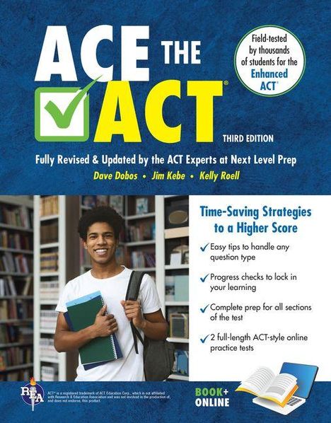 "Ace the ACT, third edition. Time-Saving Strategies. Junge Person mit Rucksack und Büchern. Buchcover-Design."