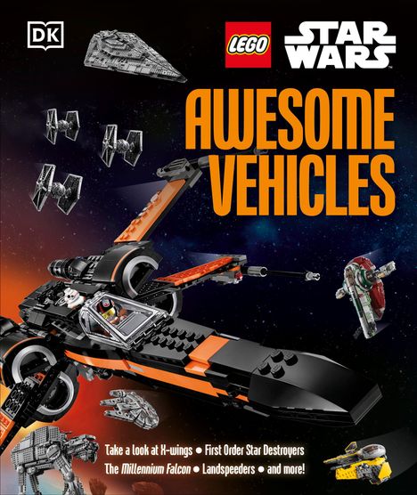 "AWESOME VEHICLES" in großen orangenen Buchstaben, LEGO Star Wars Raumschiffe auf einem Weltraum-Hintergrund.