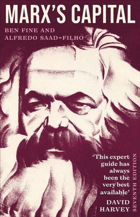„MARX'S CAPITAL“ oben, Autoren „Ben Fine and Alfredo Saad-Filho“, Zitat von David Harvey. Illustration von Karl Marx.