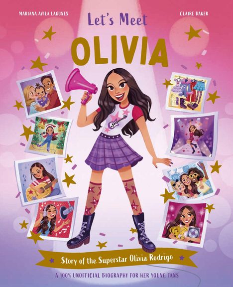 „Let's Meet Olivia“ und „Story of the Superstar Olivia Rodrigo“. Illustration von Olivia mit pinkem Megafon, umgeben von Fotos.
