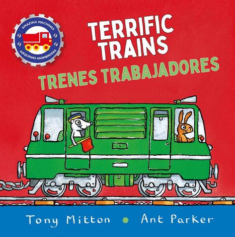 Texte: TERRIFIC TRAINS, TRENES TRABAJADORES. Illustration: Grüner Zug mit Tieren als Fahrer auf rotem Hintergrund.