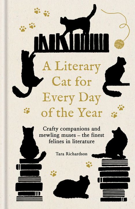 Text: "A Literary Cat for Every Day of the Year" und "Crafty companions and mewling muses – the finest felines in literature." Illustration mit Katzen und Büchern.
