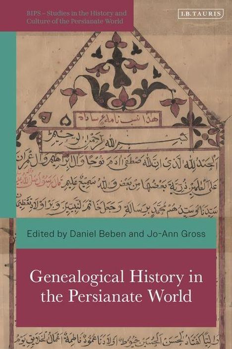 "Genealogical History in the Persianate World" steht in weißem Text auf rotem Hintergrund, darunter arabische Kalligrafie.